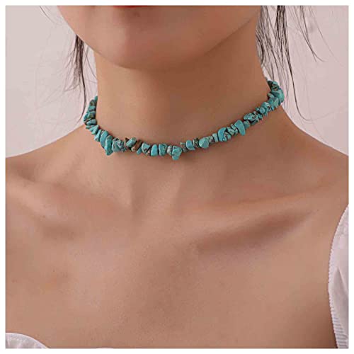 Boho Turquoise Bead Choker Necklace Short Irregular Turquoise Necklaces Blue Gemstone Beaded Necklaces Natural Stone Necklace Chain Jewelry for Women2