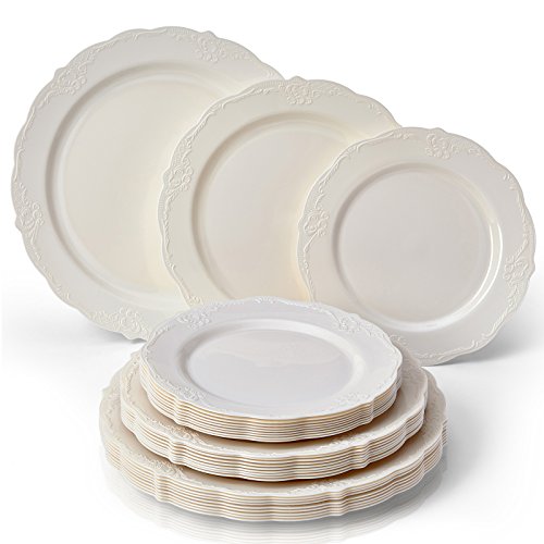 SILVER SPOONS PARTY DISPOSABLE 30 PC DINNERWARE SET | 10 Dinner Plates | 10 Salad Plates | 10 Dessert Plates | Heavyweight Plastic Dishes | Fine China Look | (Vintage Collection - Cream)