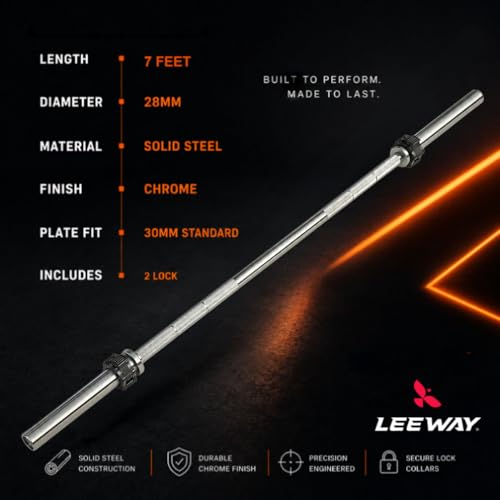 Image of LEEWAY Gym Barbell Rod 7 Feet | 28mm | Solid Steel Chrome Barbells for Plates | Gym Rod with Lock Collars | Weight Lifting Bar for Home Training | Exercise Bar at Home (7 Feet Straight)