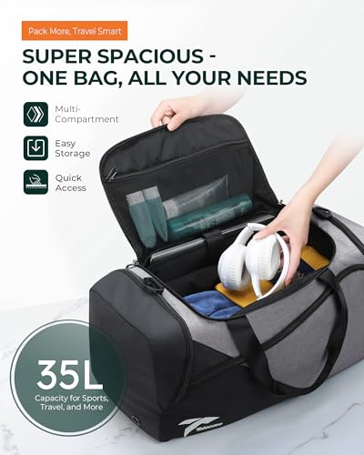 Tolaccea Gym Bag for Men Women, Small Sport Duffel Bag with Shoe Compartment Wet Compartment, Travel Duffel Bag, Weekend Bag Carry On Backpack for Gym, Travel, Fitness, Workout (Grey, 35L)4