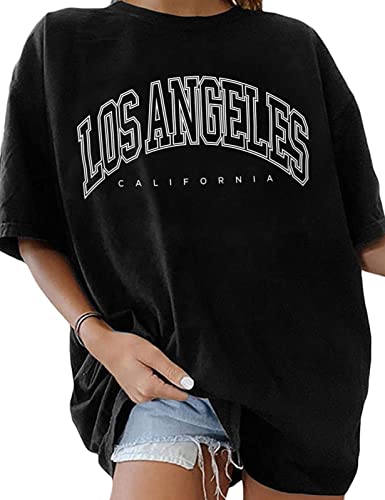 Niwicee Oversize Camiseta Mujer T-Shirt con Impresión de Carta Mangas Cortas Cuello Redond Cotton Camisas tee Vintage Streetwear Deporte Casual Tops S-XXL(Negro,M)