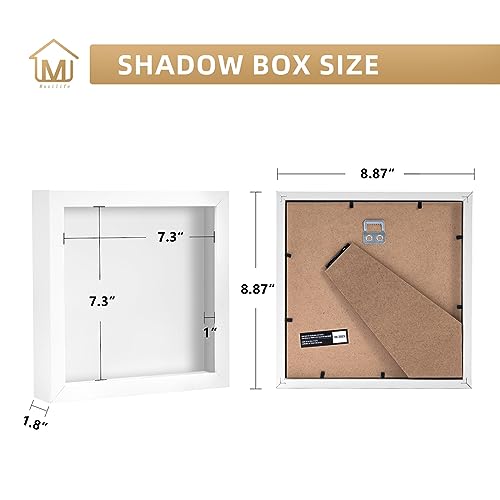 Muzilife 8x8 Shadow Box Picture Frame for Wall and Tabletop Display - Deep Wood & Glass Display Rustic Case Ready to Hang Memorabilia, Pins, Awards, Medals, Wedding, Tickets, and Photos, White