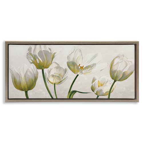 Soft White Tulip Still Life Floral, 10 x 24 Inch Canvas in Floater Frame
