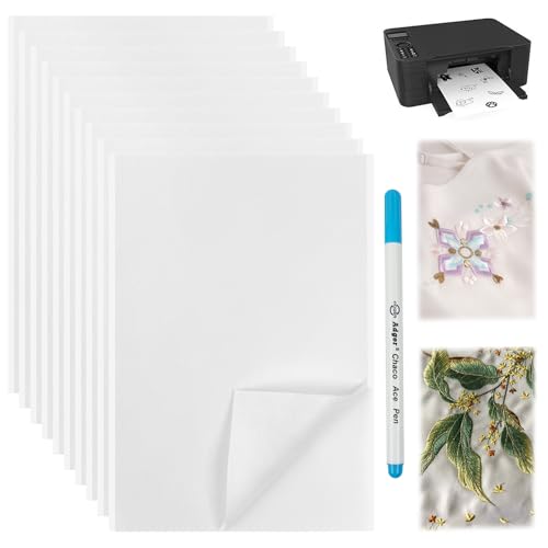 10 Stück Bedruckbare Stickerei Papier, Selbstklebend Wasserlöslich Stickfolie, Wasserlösliches Stickvlies mit Stift, A5 Wasserlöslich Stickfolie für DIY-Stickerei & Maschinenstickerei