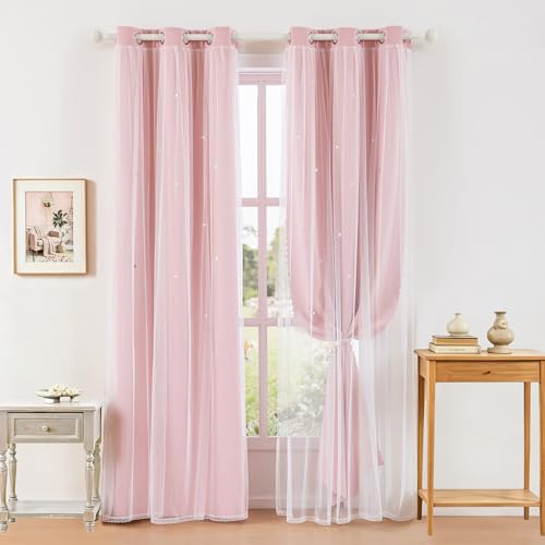 Image of indistar Star Cutout Kids Window Blackout Curtains for Girl Bedroom Window Room Darkening Curtains & Drapes Baby Nursery Curtains (2 Panel,35Wx95L inch,Blush Pink)
