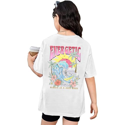 Image of Cute Letter Shirts for Girls Beach Graphic Tee Preppy Shirt Kids Summer Cotton Short Sleeve T Shirt Vacation Tops