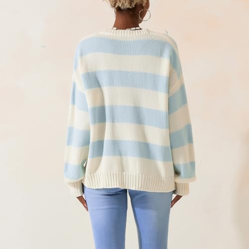 Image of Women Striped Chunky Knit Sweater Drop Shoulder Long Sleeve V-Neck Oversized Sweater Pullover Loose Knit Jumper Top