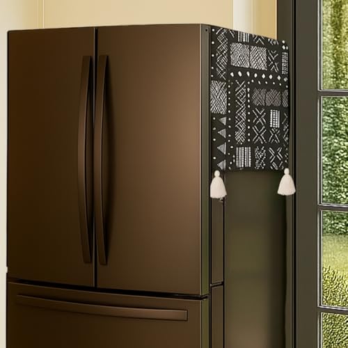 Image of French Door Big Size Fridge Top Cover >400L | 450 GSM Durable Refrigerator Cover with Corner Tassels & Pockets | Fits Godrej, LG, Haier, Samsung Models |Dustproof Mud Cloth Print| WWW.THROWPILLOW.IN