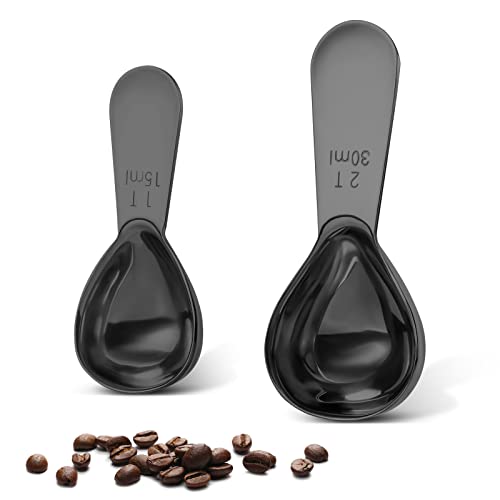 Safring Stainless steel coffee scoop 2-piece set (1 tbsp, 2 tbsp) durable Tablespoon, ergonomic measuring spoon, Suitable for small and large jars，short-handled spoon (Black)