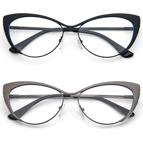 KoKoBin Cat Eye Reading Glasses - 2 Pairs Metal Frame Glasses Spring Hinge Readers with Leather Pouch for Men and Women, Black+Gunmetal 1.00 Cover