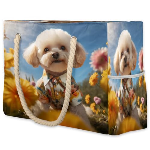 Pet Dog Flower Women's Large Beach Bag Waterproof and Sand-proof Canvas Tote Lightweight Shoulder Bag Suitable for Pool Beach Travel Holiday Gym Yoga Care