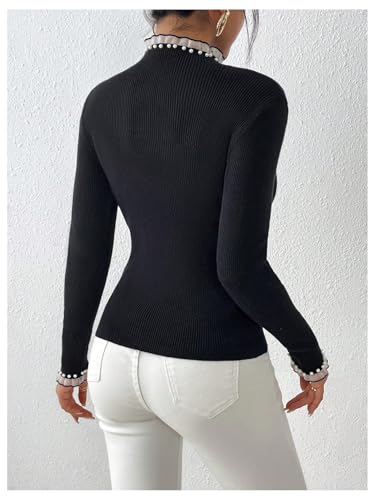 WDIRARA Women's Pearls Mock Neck Frill Trim Long Sleeve Pullover Knitted Fit Top2