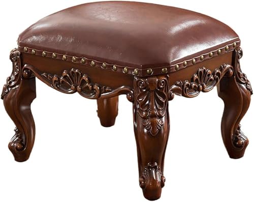 Taburete pequeño reposapiés con asiento tapizado tallado, otomana de madera para sala de estar, reposapiés para relajarse
