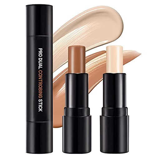 Contour Stick, Concealer Highlighter Stick, 2 in 1 Double-Headed Cream Bronzer Contour Stick, Waterproof Professional Face Contour Makeup (#01 Ivory+dark brown)