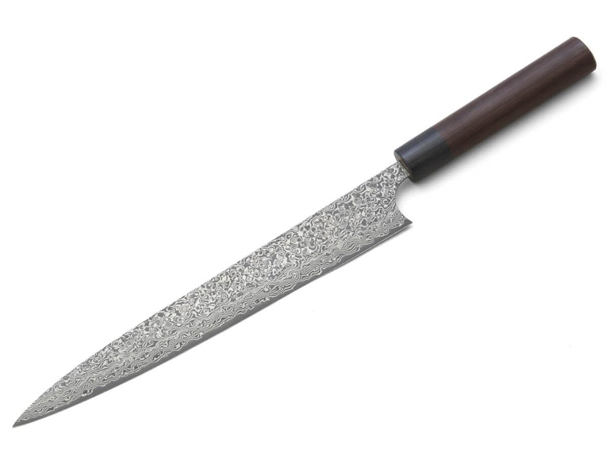 Damast Profi-Messer YANAGIBA Kurosome Yoshimi Kato. Klingen-Länge 27cm. VG-10 Schneidkern, 30 Lagen Damast, hand-geschmiedet. Runder Echt-Holz-Griff aus hochwertigem Rosenholz-Palisander