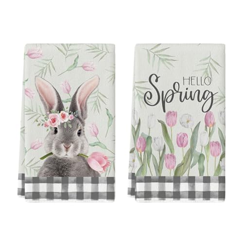 Artoid Mode Buffalo Plaid Bunny Rabbit Flowers Hello Spring Easter Kitchen Towels Dish Towels, 18x26 Inch Seasonal Decoration Hand Towels Set of 2