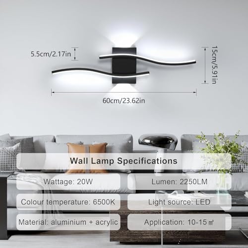 Comely Aplique Pared Interior LED, 20 W 2250 LM Lámpara de Pared Moderna, Negro Larga Aplique de Interior para Salón Dormitorio, Cocina, Comedor, Escalera, Pasillo, Blanco Frío 6500K, 60 CM - imagen 3