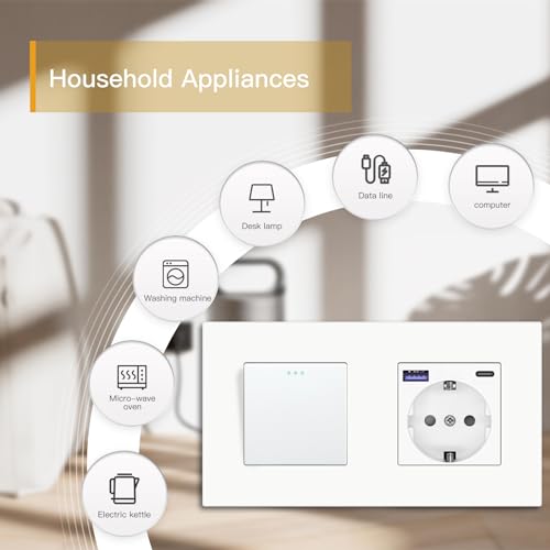 BSEED Lichtschalter mit Steckdose mit USB/TYPE C Schnellladen 20W, 1 Fach 2 Weg Taste Schalter mit Schuko Steckdose unterputz, Wandschalter mit PC Rahmen f&uuml;r Handy, Pad usw - Wei&szlig;