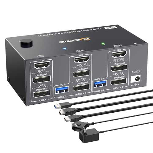 KVM Switch 3 Monitors 2 Computers HDMI Displayport 8K@60Hz 4K@144Hz,3 Monitor KVM Switch 2 Computers for 2 PC Share 3 Monitor and 4 USB3.0 Devices,Triple Monitor KVM Support Extended and Mirror Mode