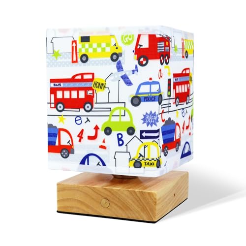 Wetry Kinder Nachtlicht, Touch-Dimmbar, Aufladbar, Holz Basis mit Stoff Lampenschirm, Auto Motiv, LED Tischlampe für Kinderzimmer, 11x11x16,5cm