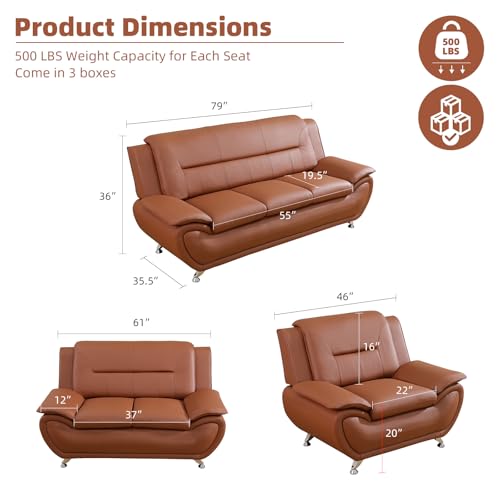 Image of Leather Sectional Couch, Furniture for Living Room, 3 - Piece Couch Set, Faux Leather Modern Sofa Loveseat Chair Set with Sturdy Legs for Living Room /Bedroom /Office,Bright Bronze