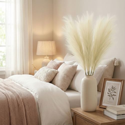 Image of Pack of 4 Pcs Artificial Flowers Faux Pampas Grass Small Fake Flower Plant for Home Decor, Office, Bedroom, Living Room, Table Decoration, Dried Plants (Without Vase Pot) (Off White)