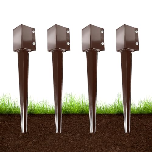 ARIFARO Fence Post Anchor Ground Spike Heavy Duty Metal Powder Coated Fence Stakes Post, 4x4 inch(3.5 x3.5 inch Inner) Pack of 4 (Brown, 24 inch)