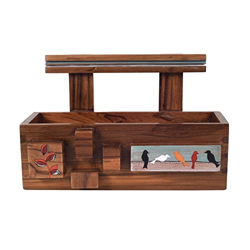 Image of AAKRITI ART CREATIONS Modern Art Wooden Magazine Holder | Hand-Painted & Teak Wood Storage For Hall | Magazine Holder For Bedroom, Living Room, and Entryway