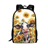 Bivxisrvo Sunflowers Cow Print Backpack for Kids Age 6-10 Lightweight Large Capacity Rucksack 17 Inch Multi-functional Scholbag for Students