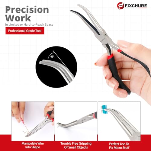 Image of 6 inch Long Needle Nose Pliers Bent 45 - Mini Jewelry Plier for Wire Wrapping, Handmade Craft, Non-Serrated with insulated Comfort Grip