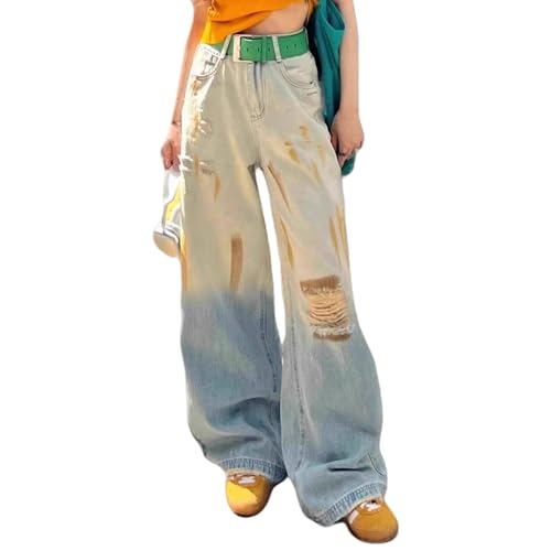 Retro Gradient Color Old, Dirty Ripped Wide Leg Jeans Street Style Women Loose high Waisted Straight Leg Pants