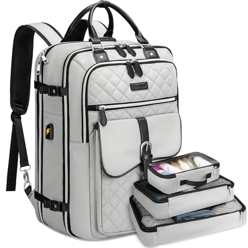 Vancropak Travel Backpack for Women, Anti Theft Laptop Carry on Backpacks Fits 17 inch Computer with Lock & USB Charging Port, TSA Flight Approved Large 50L Duffel Bag with 3 Packing Cubes, Grey