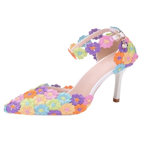 Jamron Damen Elegant Spitze Zehen Stiletto Absatz Riemchen Pumps Florale Spitze Perlen Brautschuhe...