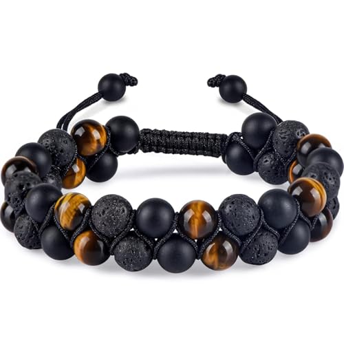Lava Rock, Black Onyx, Tiger Eye Bracelet for Men and Women, BHAVYAASHI Genuine Premium Tiger Eye, Black Onyx, and Lava Rock 8mm Handmade Bead Bracelet. Healing Crystal Protection Bracelets Bring Luck and Prosperity with Happiness.