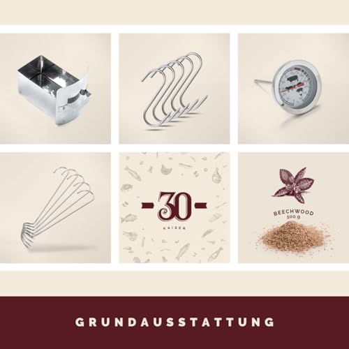 Foto von KAISER COMPANY '30' Hochwertiger Räuchertonne aus Edelstahl - Holzfeuerung I Geeignet für Fische I Tragbarer Smoker 53-90cm I Passen bequem 4kg Fleisch I mit Zubehör I Nicht ROSTEND
