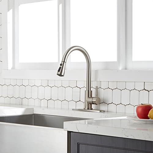 Vapsint High Arc Single Handle Brushed Nickel Kitchen Faucet With Pull Down Sprayer,Commercial Modern Stainless Steel Kitchen Sink Faucet,Deck Mount Single Hole Pull Out Faucet For Kitchen Sink #TOP4