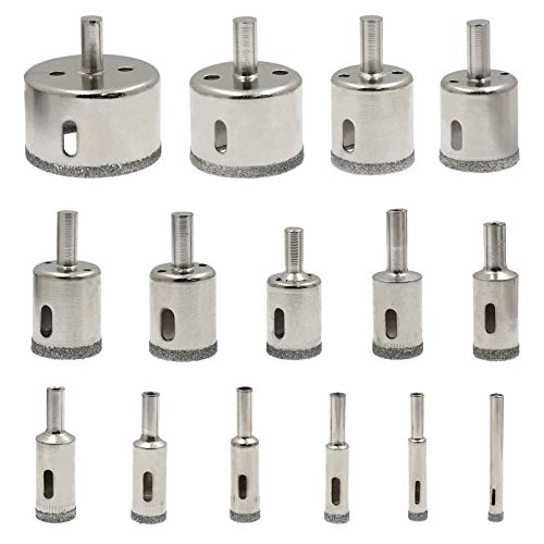Bonsicoky 15Pcs Diamond Drill Bit, Glass Hole Saw Set for Drilling Holes or Polishing Ceramics, Glass, Marble, Granite Stone (6-50mm)