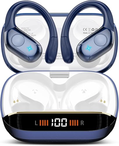 Image of Qecnato Wireless Earbuds Bluetooth Stereo Deep Bass Sports Ear Buds with Earhooks, Bluetooth Earbuds LED Display, IP7 Waterproof Earphone, Dark Blue