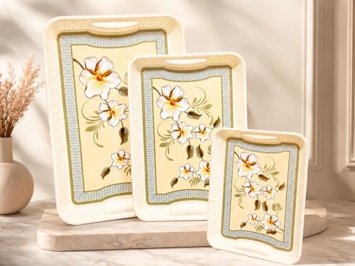 Image of 3 Pcs Plastic Serving Tray Set with Handle | Multipurpose Tea Snacks Breakfast Tray | Floral Printed Rectangular Serving Trays for Kitchen & Home (Cream Flower)
