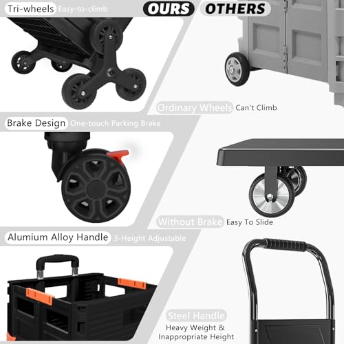 FELICON SELORSS Folding Utility Cart Portable Rolling Crate Handcart with Stair Climbing Wheels&360°Swivel Wheels Telescoping Handle Plastic Box Dolly for Travel Shop Move Office Teacher Use(Black)