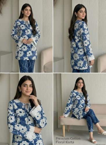 Image of Women's Floral Print Kurti with Lace Bell Sleeves, Red | Tie-Neck Detail, Bell Sleeves, Lace Trim Cuffs, Ethnic Wear