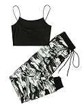 SOLY HUX Damen Camouflage Jogginghose und Crop Top Sets 2 Piece Bauchfrei Tops Kombi Zweiteilerset Trägershirt Camo Turnhosen Set Schwarz S