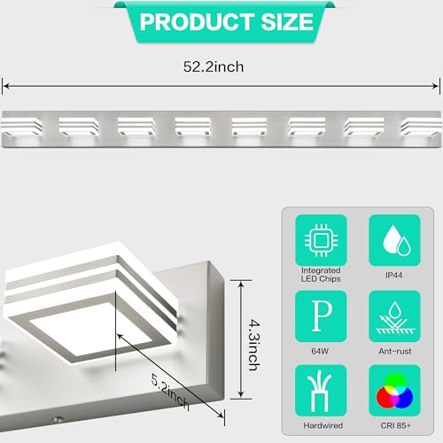 Image of SOLFART 52inch Vanity Lights Fixtures - 8 Lights LED Modern Acrylic Brushed Nickel Vanity Lights Bathroom Wall Lighting Over Mirror
