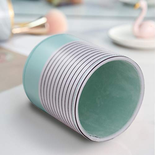 Image of Pen Holder, Pencil Cup Pot Desk Organizer Multi Purpose Use Cute for Adults Kids Luxury Leather Makeup Brush Holder for Home, Office, Classroom, Stripes Mint Green