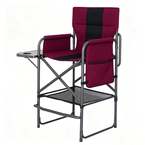 30 Inch Extra Tall Folding Directors Chair, Bar Height Makeup Artist Chair for Adults, with Side Table and Storage Pocket, Heavy Duty Alloy Steel Frame Supports 400 lbs Max for Camping and Salon, Red by CROS - Used condition - US$75.23