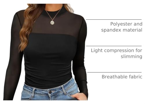 Womens Sexy Mesh Long Sleeve Shirts Fashion Clothing Turtle Necks Sheer Ruched Going Out Tops Fall Outfits Slim Fit Blouses - image 4
