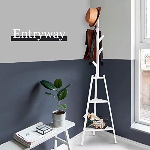 Hododou Coat Rack Stand Upgrade Version 2 in 1Bamboo Coat Tree Hall Tree with 2 Shelves Free Standing for Clothes, Hat, Bag 172cm (White)