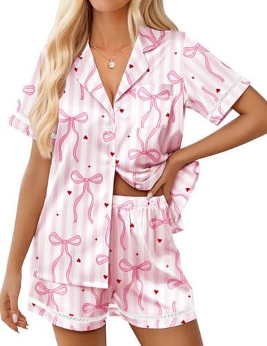 Image of Ekouaer Womens Silk Pajama Sets Button Up Satin Pjs Short Sleeve 2 Piece Pj Sets Cute Lounge Sets with Chest Pocket