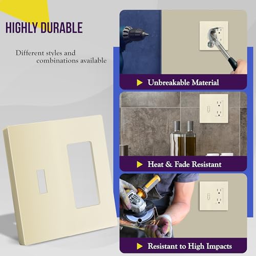 Image of ENERLITES Combination Toggle /Decorator Light Switch Plate, Double Switch Wall Plate, Standard Size 2-Gang 4.68 inch x 4.73 inch, Polycarbonate Thermoplastic, Gloss Finish, SI881131-LA, Light Almond