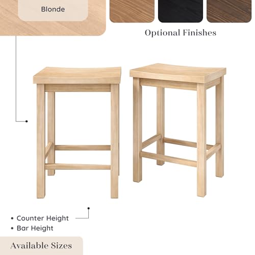 Grain & Grove Smith Collection Set of 2 Solid Wood Counter Height Bar Stools, 24-Inch Saddle Seat Backless Stools, Ideal for Kitchen Island, Dining, or Home Bar Seating, Blonde